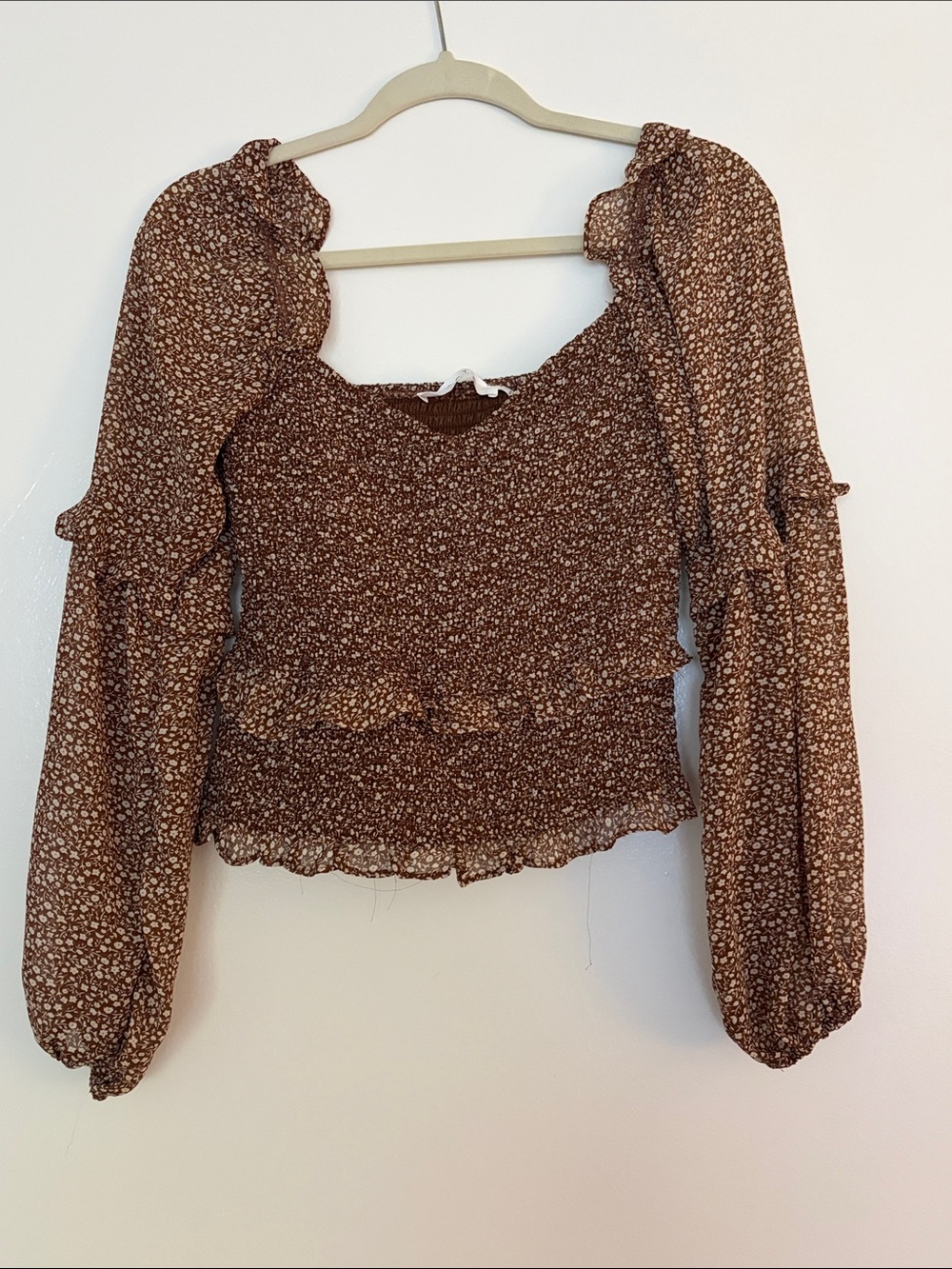 Astr Brown Smocked Floral Long-Sleeve Crop Top